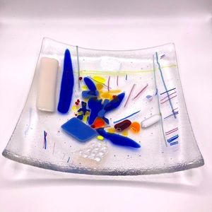 Fused Glass Coin Trinket Ring Dish Square Geometric Blue White Red vintage